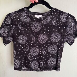 y2k Black Celestial Sun Moon Star Mesh Sheer Crop Top Small celestial whimsigoth